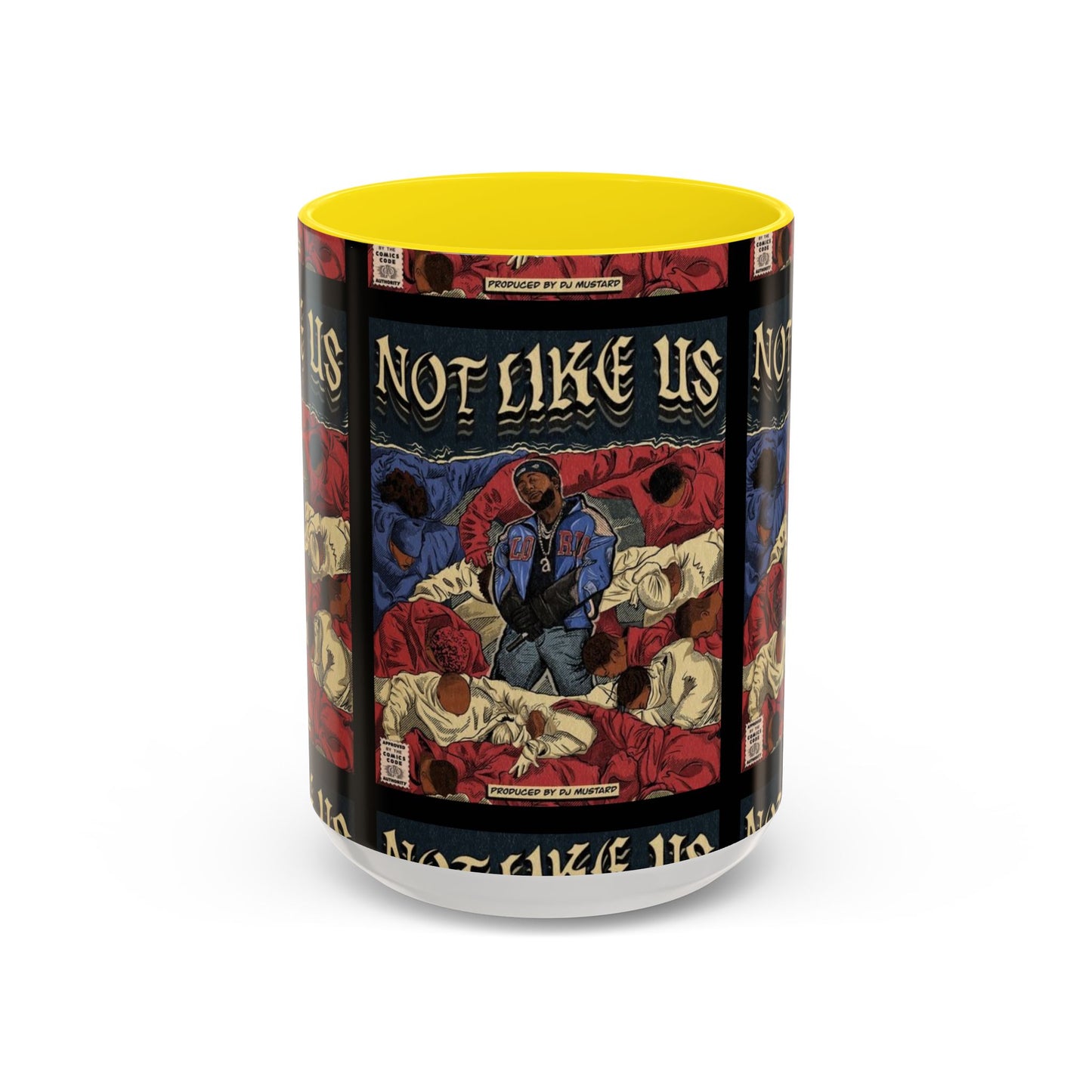 Kendrick Lamar "Not Like Us" Comic Mug – Hip-Hop Coffee Cup, Rap Art Gift, Color Accent Ceramic