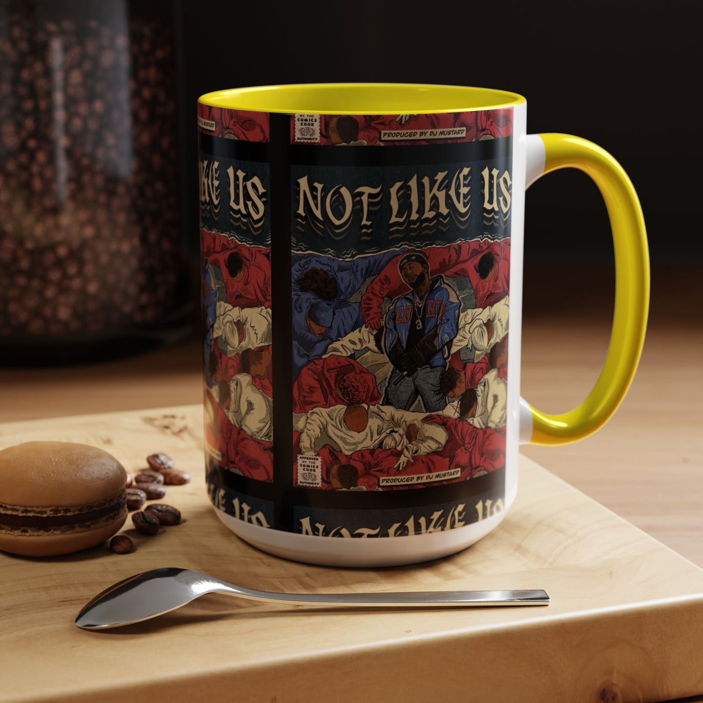 Kendrick Lamar "Not Like Us" Comic Mug – Hip-Hop Coffee Cup, Rap Art Gift, Color Accent Ceramic
