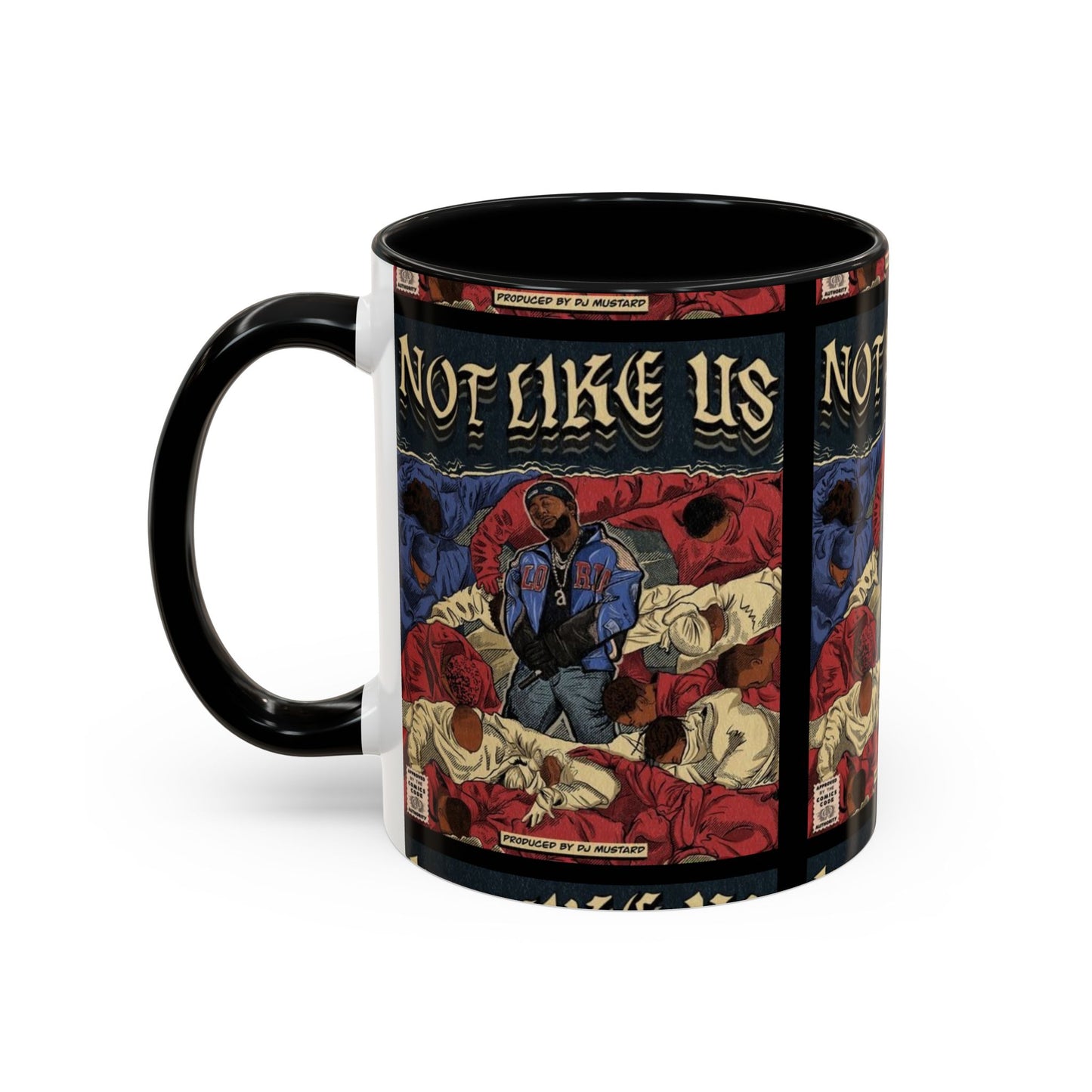 Kendrick Lamar "Not Like Us" Comic Mug – Hip-Hop Coffee Cup, Rap Art Gift, Color Accent Ceramic