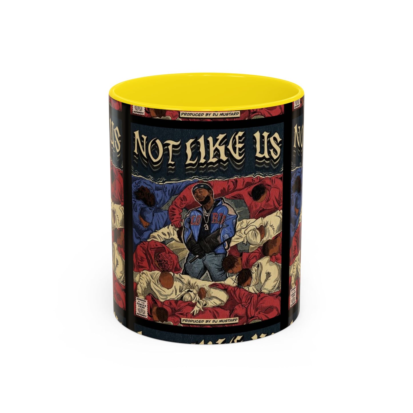 Kendrick Lamar "Not Like Us" Comic Mug – Hip-Hop Coffee Cup, Rap Art Gift, Color Accent Ceramic
