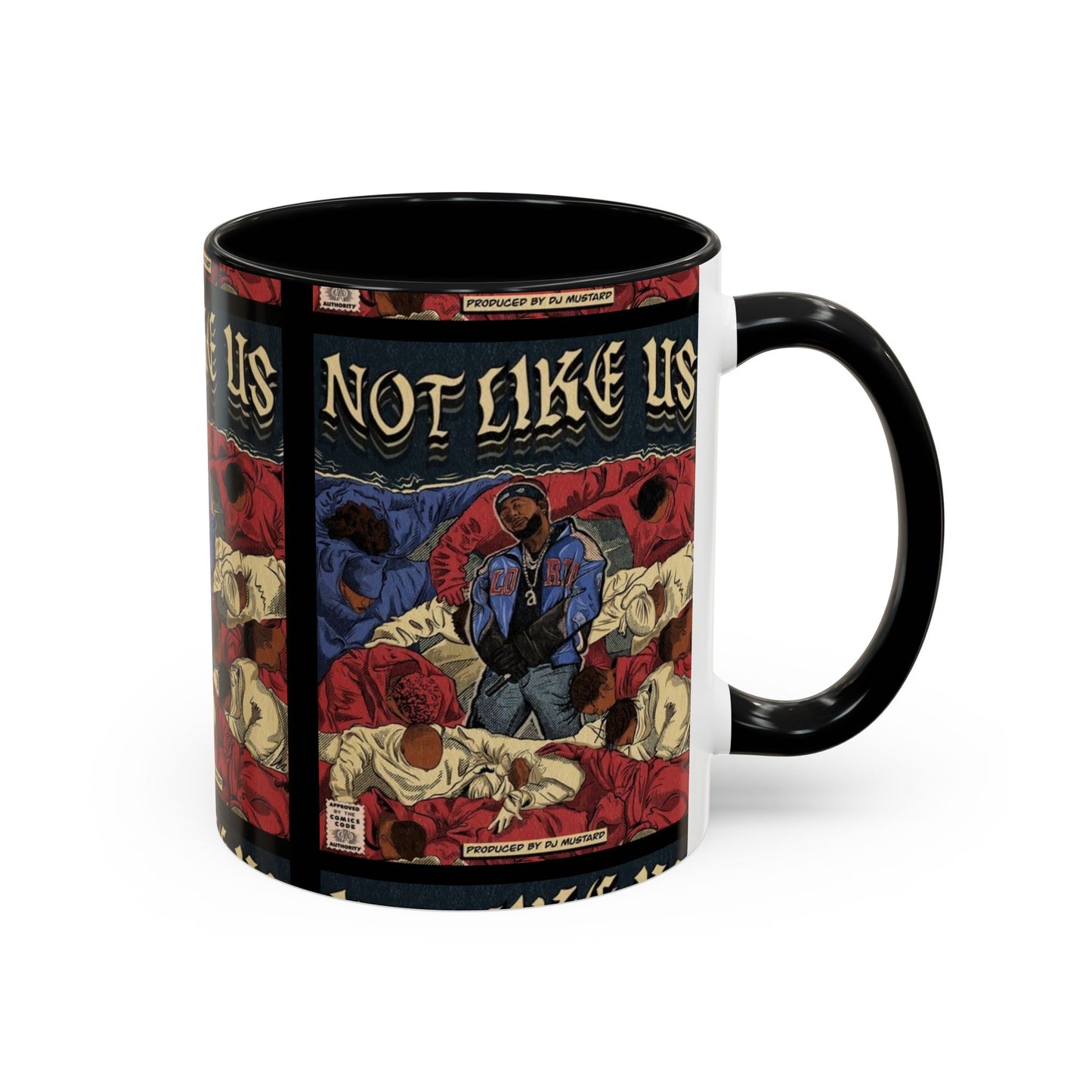 Kendrick Lamar "Not Like Us" Comic Mug – Hip-Hop Coffee Cup, Rap Art Gift, Color Accent Ceramic
