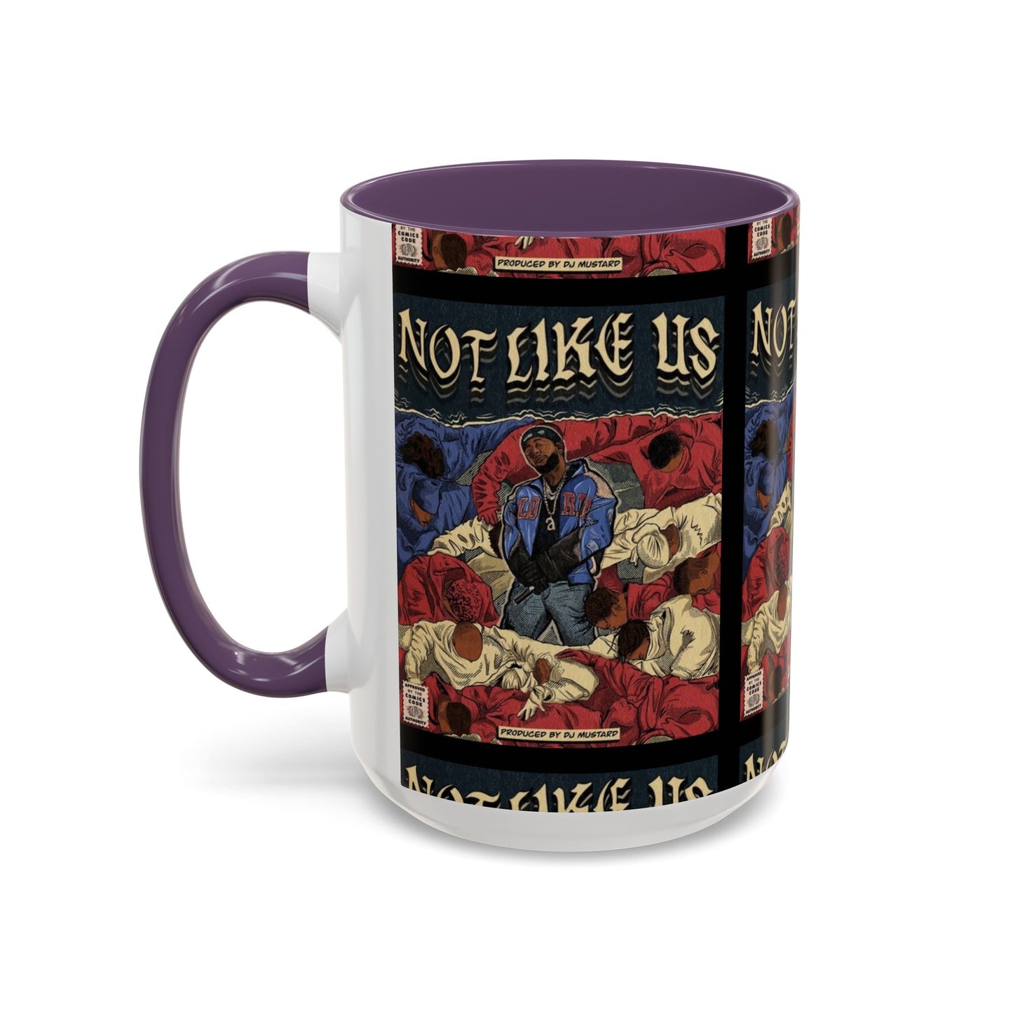 Kendrick Lamar "Not Like Us" Comic Mug – Hip-Hop Coffee Cup, Rap Art Gift, Color Accent Ceramic