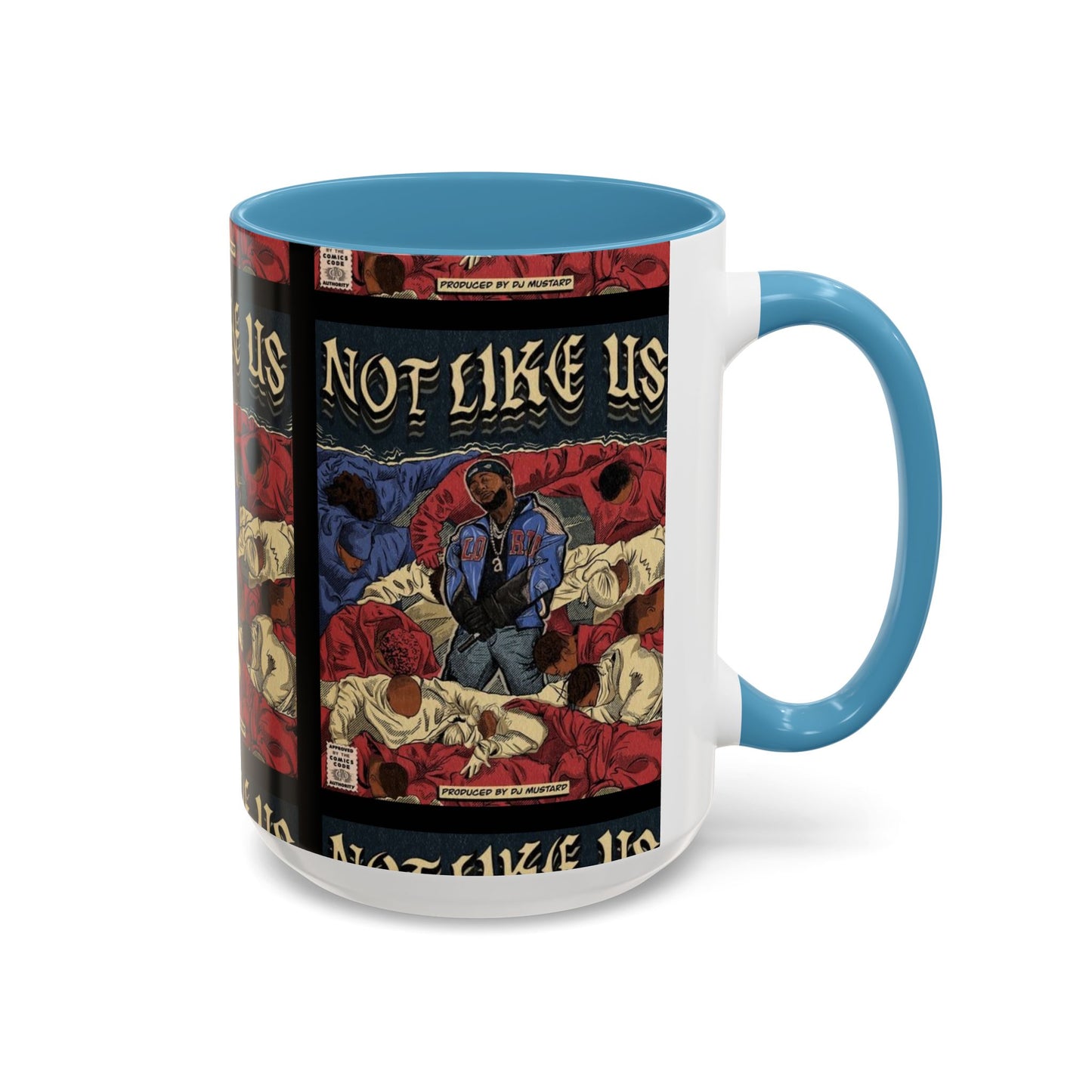 Kendrick Lamar "Not Like Us" Comic Mug – Hip-Hop Coffee Cup, Rap Art Gift, Color Accent Ceramic