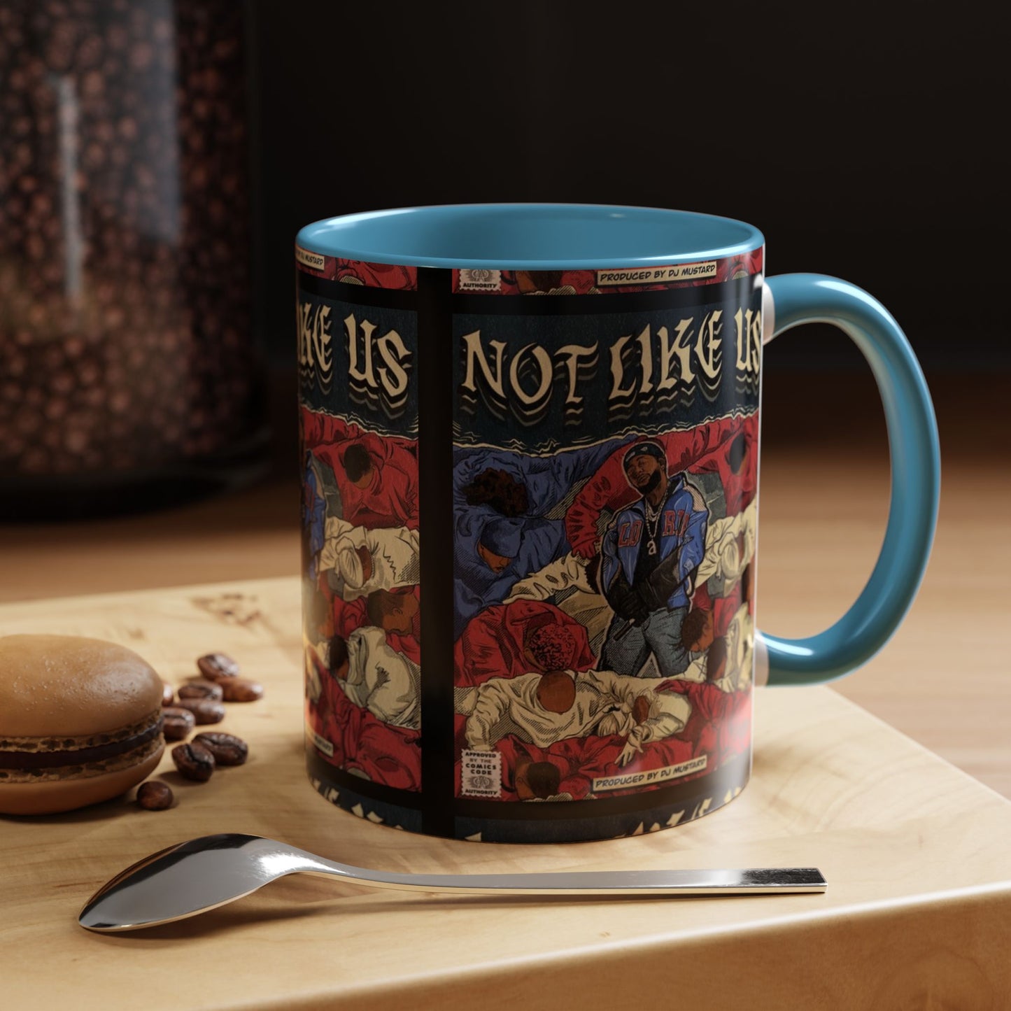 Kendrick Lamar "Not Like Us" Comic Mug – Hip-Hop Coffee Cup, Rap Art Gift, Color Accent Ceramic