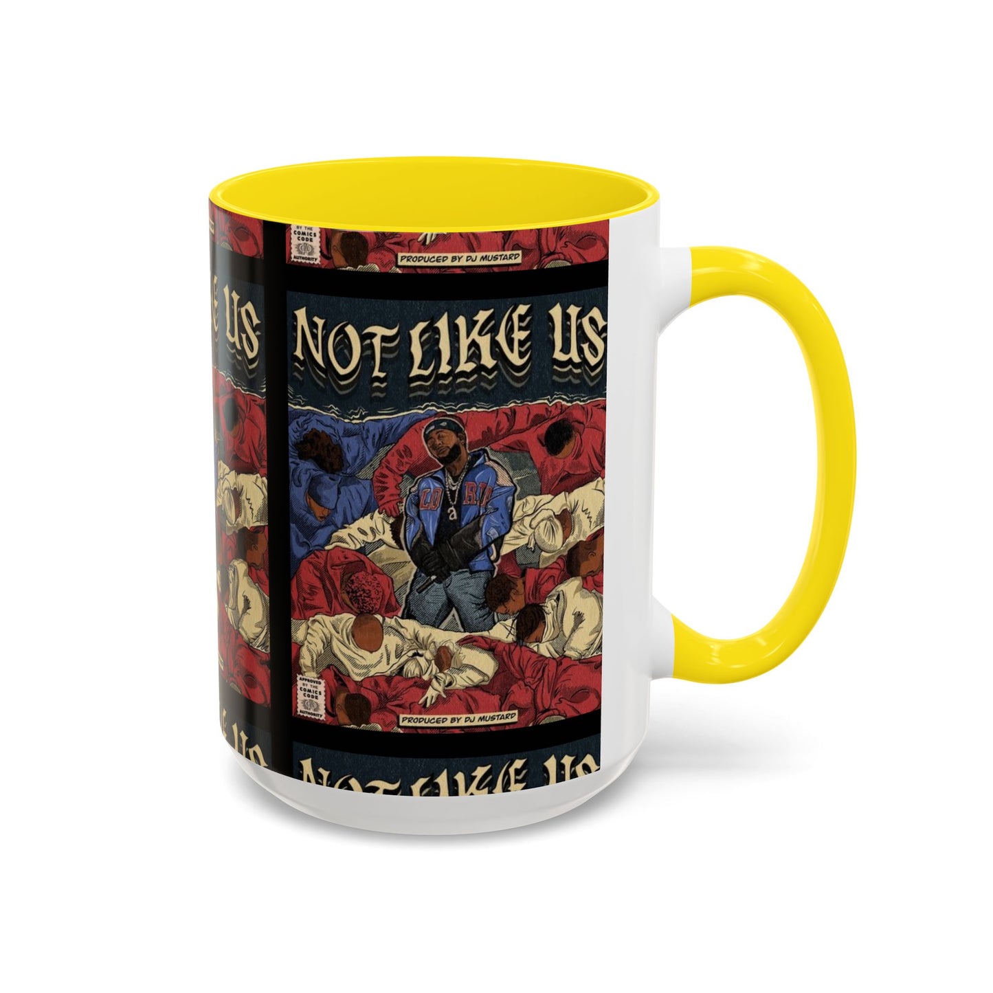 Kendrick Lamar "Not Like Us" Comic Mug – Hip-Hop Coffee Cup, Rap Art Gift, Color Accent Ceramic