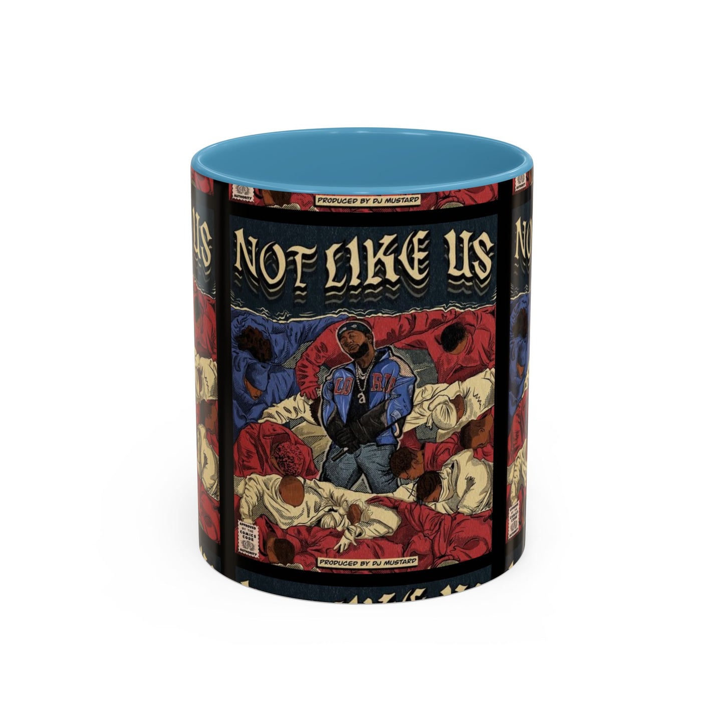 Kendrick Lamar "Not Like Us" Comic Mug – Hip-Hop Coffee Cup, Rap Art Gift, Color Accent Ceramic