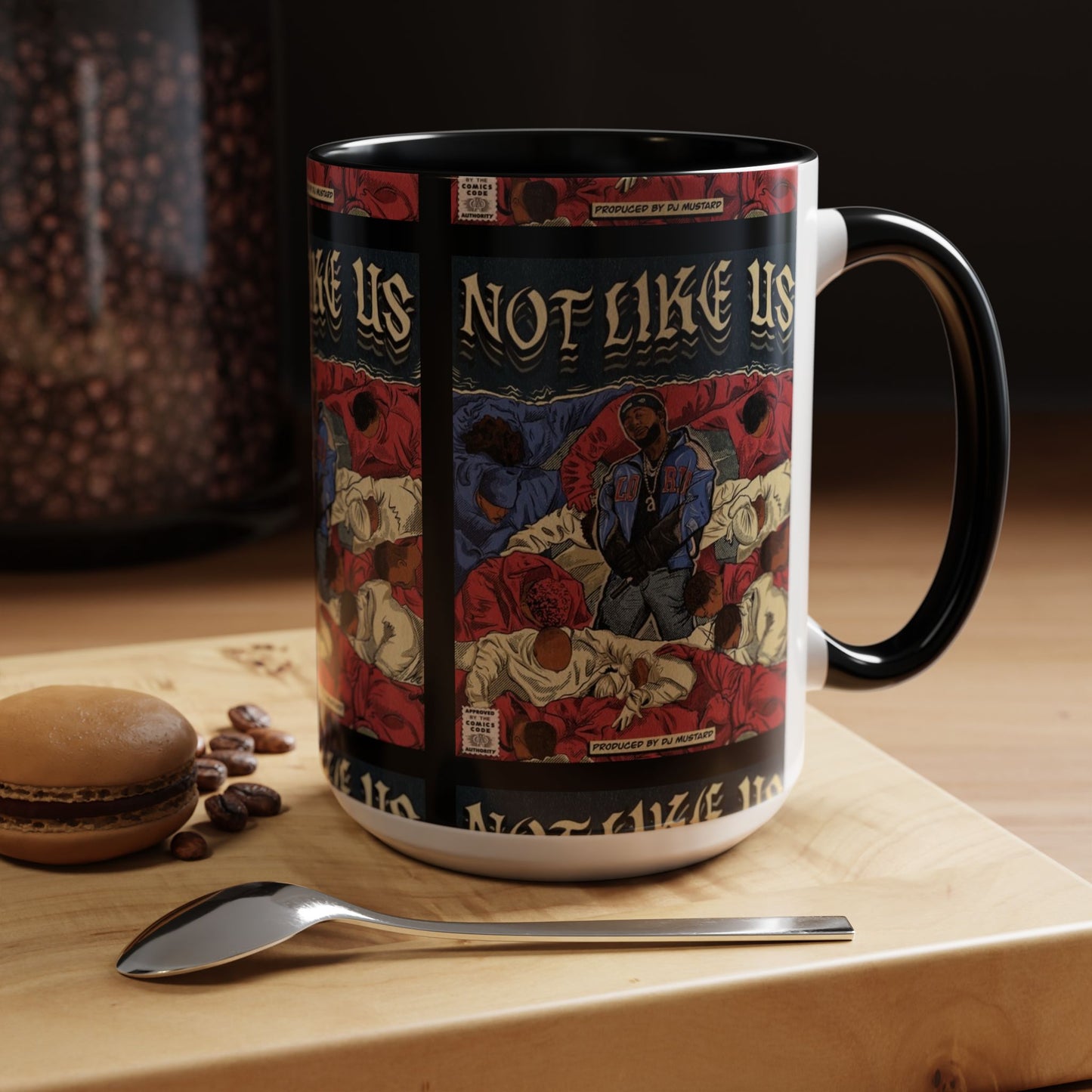 Kendrick Lamar "Not Like Us" Comic Mug – Hip-Hop Coffee Cup, Rap Art Gift, Color Accent Ceramic