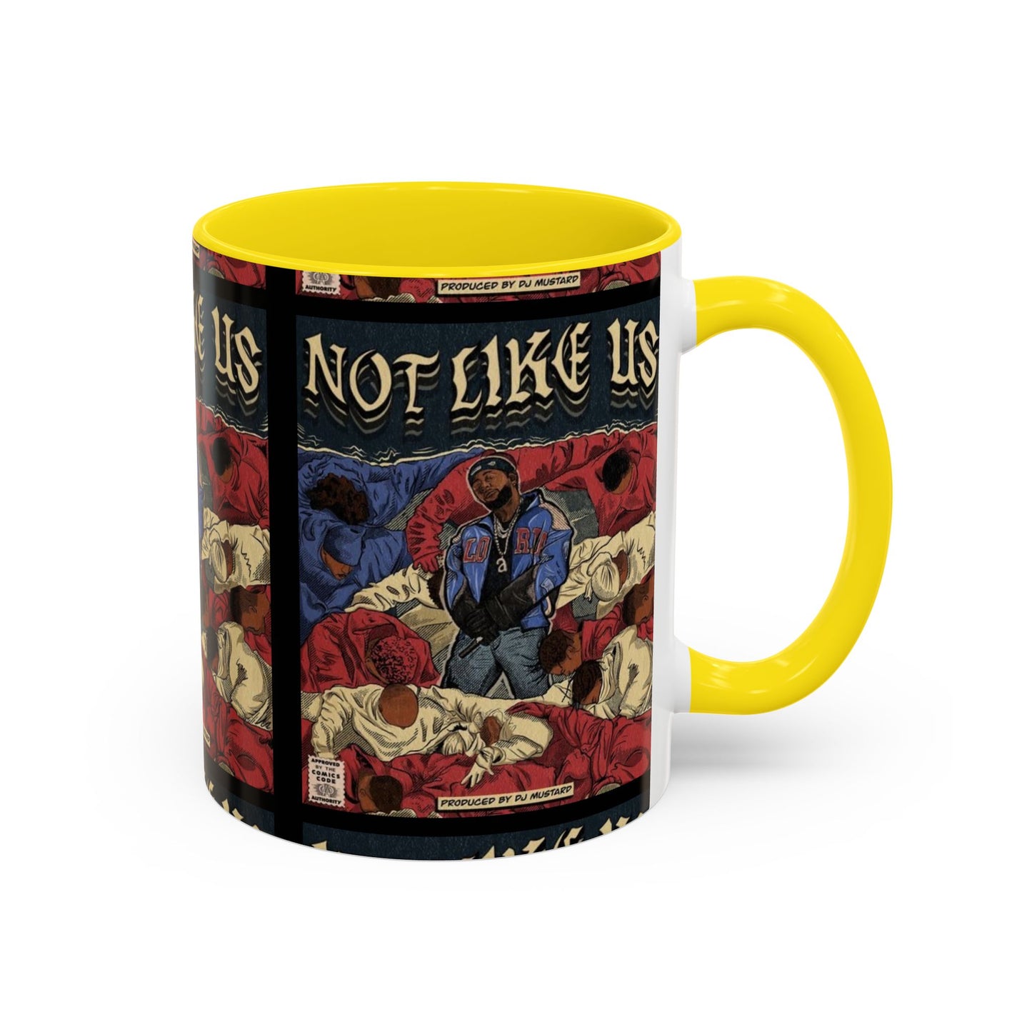 Kendrick Lamar "Not Like Us" Comic Mug – Hip-Hop Coffee Cup, Rap Art Gift, Color Accent Ceramic
