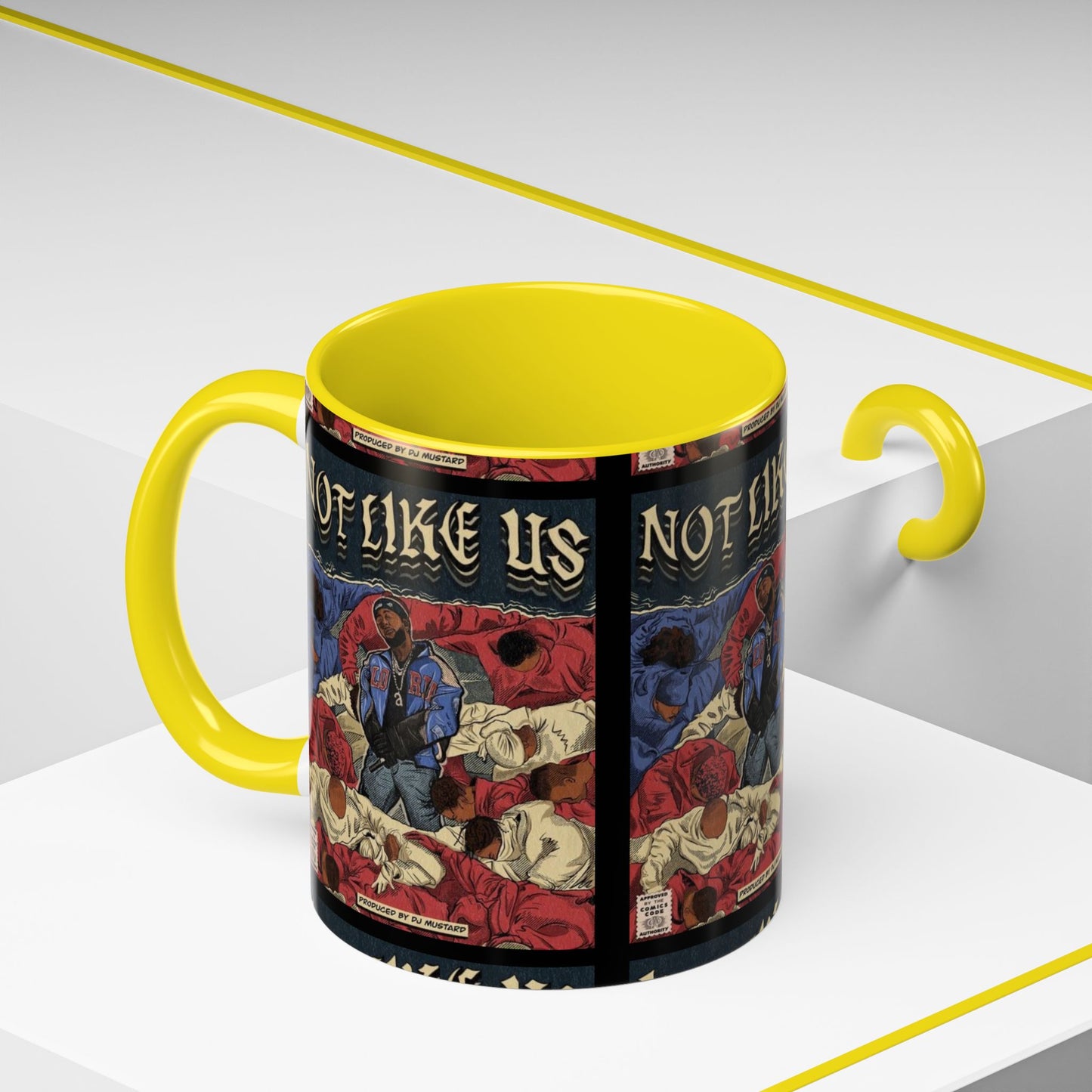 Kendrick Lamar "Not Like Us" Comic Mug – Hip-Hop Coffee Cup, Rap Art Gift, Color Accent Ceramic