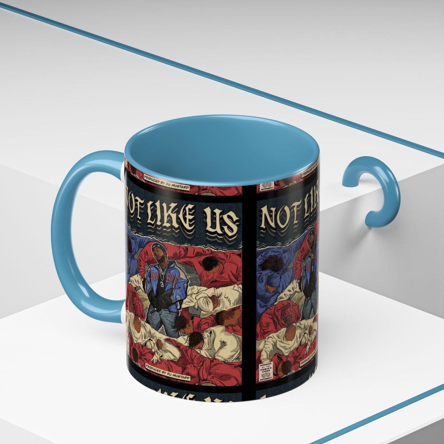 Kendrick Lamar "Not Like Us" Comic Mug – Hip-Hop Coffee Cup, Rap Art Gift, Color Accent Ceramic