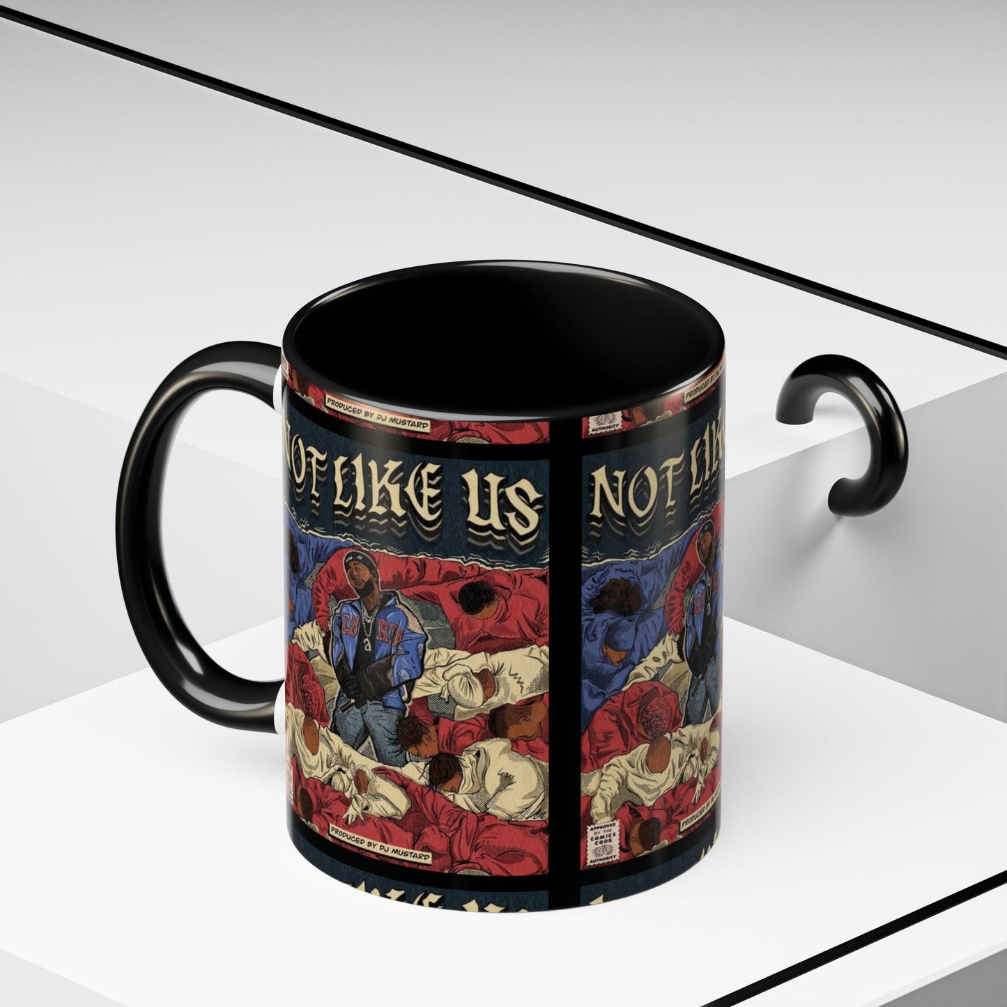 Kendrick Lamar "Not Like Us" Comic Mug – Hip-Hop Coffee Cup, Rap Art Gift, Color Accent Ceramic
