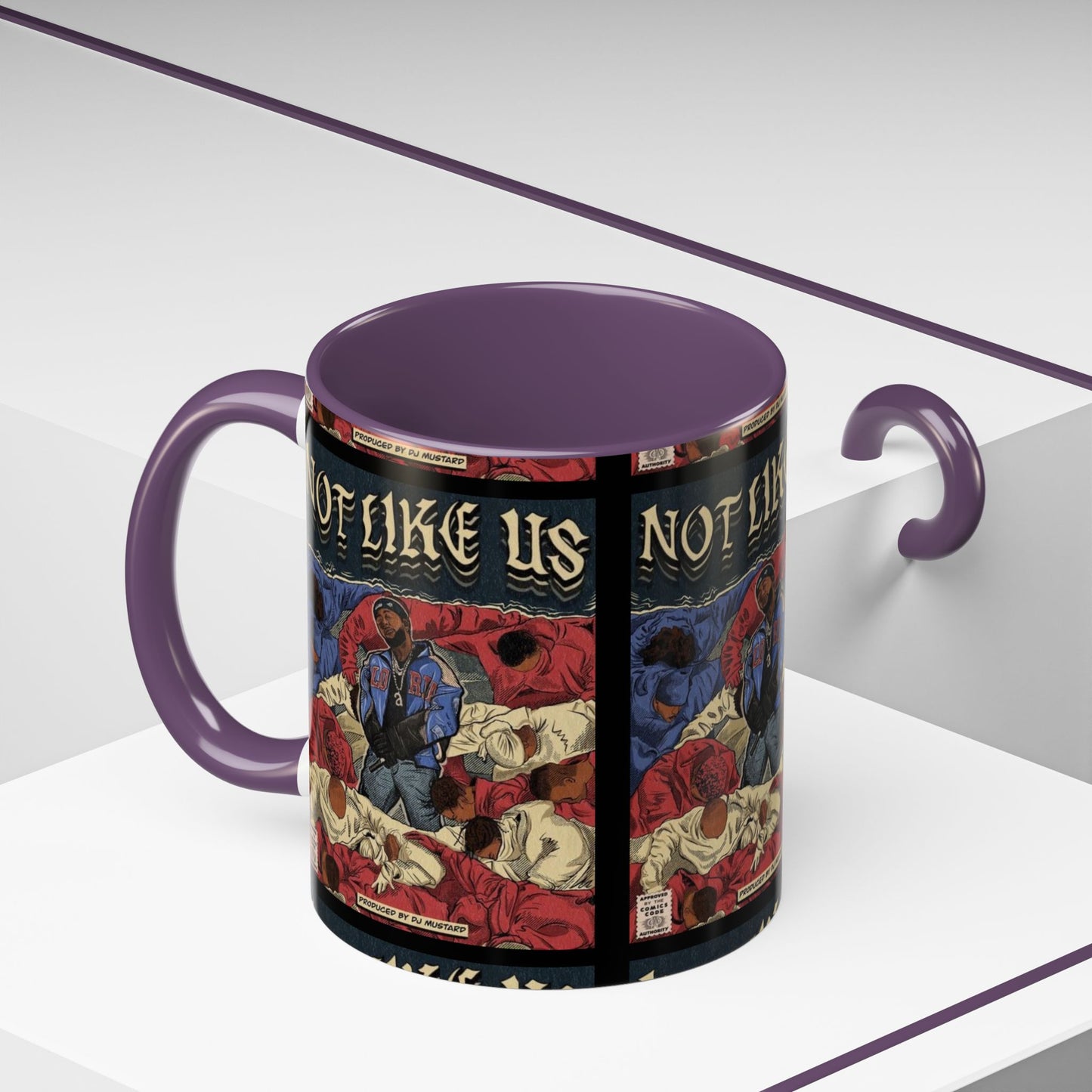 Kendrick Lamar "Not Like Us" Comic Mug – Hip-Hop Coffee Cup, Rap Art Gift, Color Accent Ceramic
