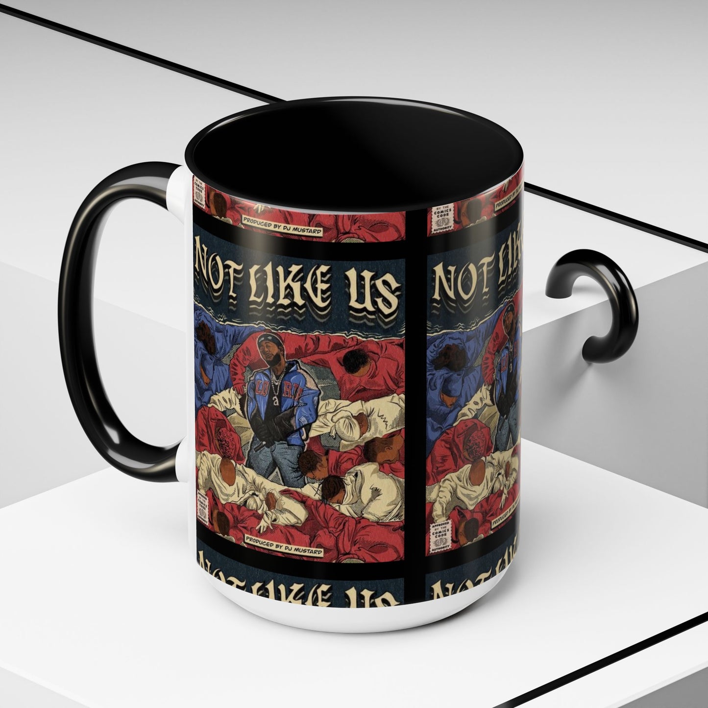 Kendrick Lamar "Not Like Us" Comic Mug – Hip-Hop Coffee Cup, Rap Art Gift, Color Accent Ceramic