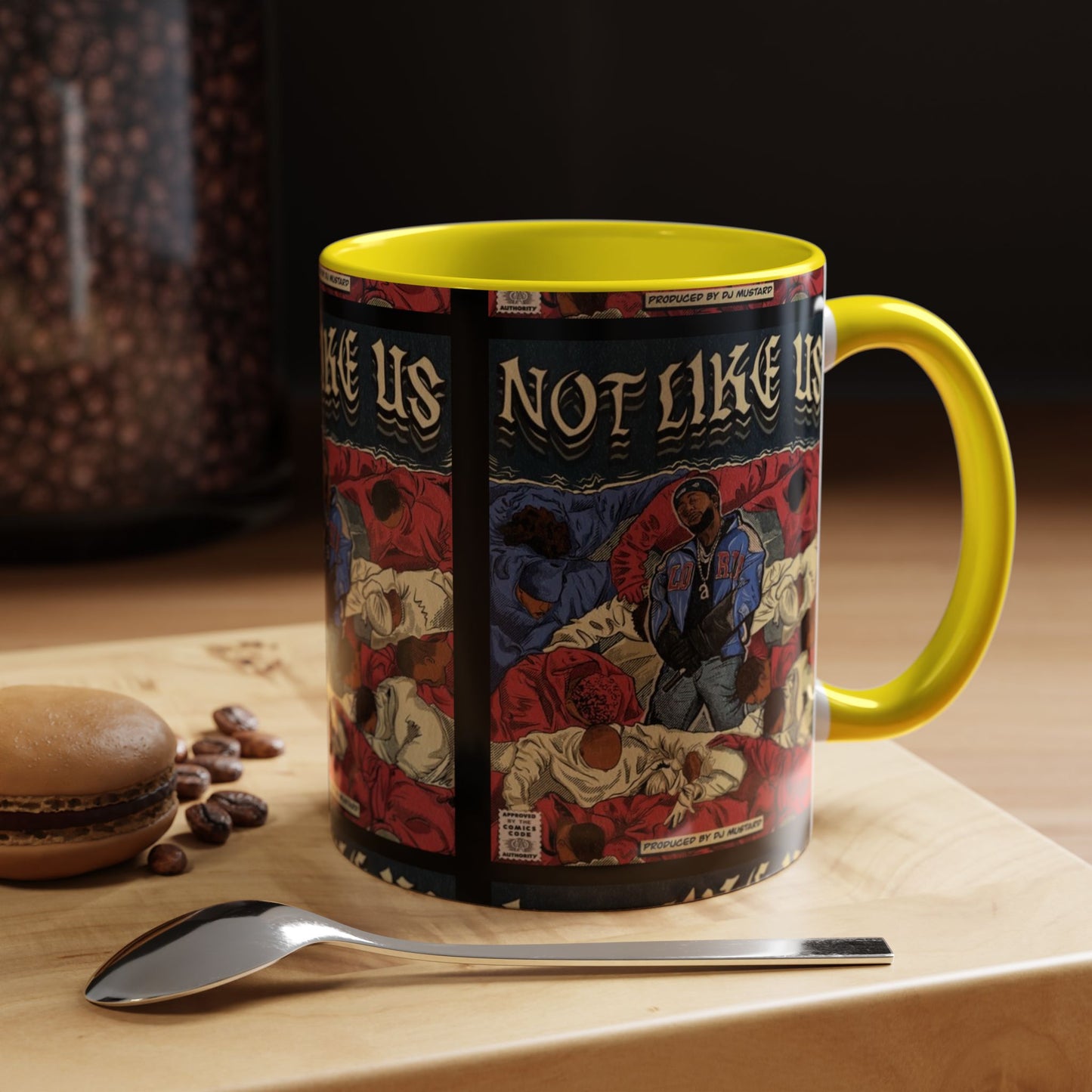 Kendrick Lamar "Not Like Us" Comic Mug – Hip-Hop Coffee Cup, Rap Art Gift, Color Accent Ceramic