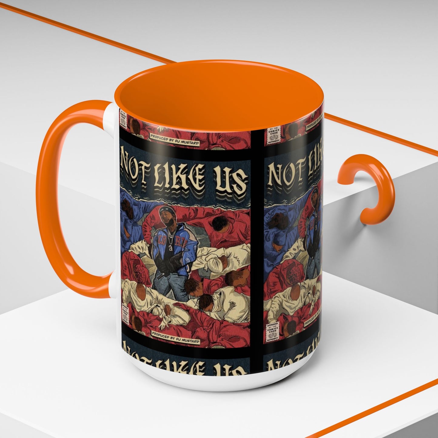 Kendrick Lamar "Not Like Us" Comic Mug – Hip-Hop Coffee Cup, Rap Art Gift, Color Accent Ceramic