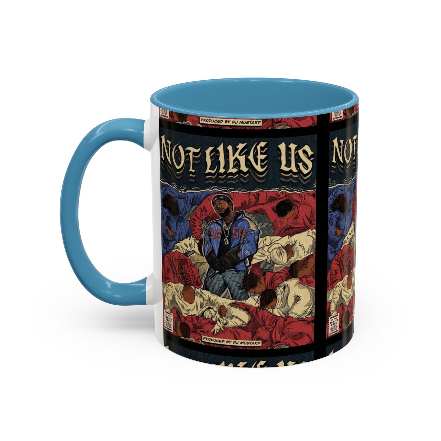 Kendrick Lamar "Not Like Us" Comic Mug – Hip-Hop Coffee Cup, Rap Art Gift, Color Accent Ceramic