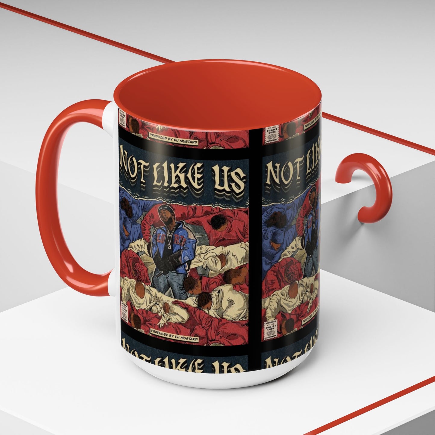 Kendrick Lamar "Not Like Us" Comic Mug – Hip-Hop Coffee Cup, Rap Art Gift, Color Accent Ceramic