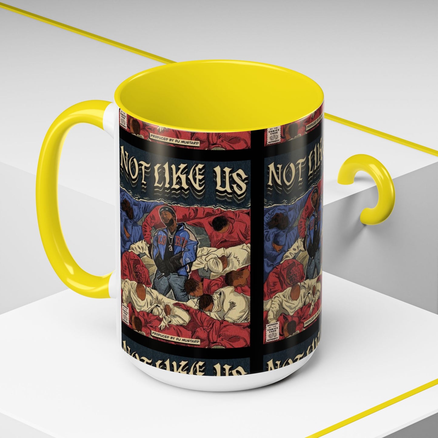 Kendrick Lamar "Not Like Us" Comic Mug – Hip-Hop Coffee Cup, Rap Art Gift, Color Accent Ceramic