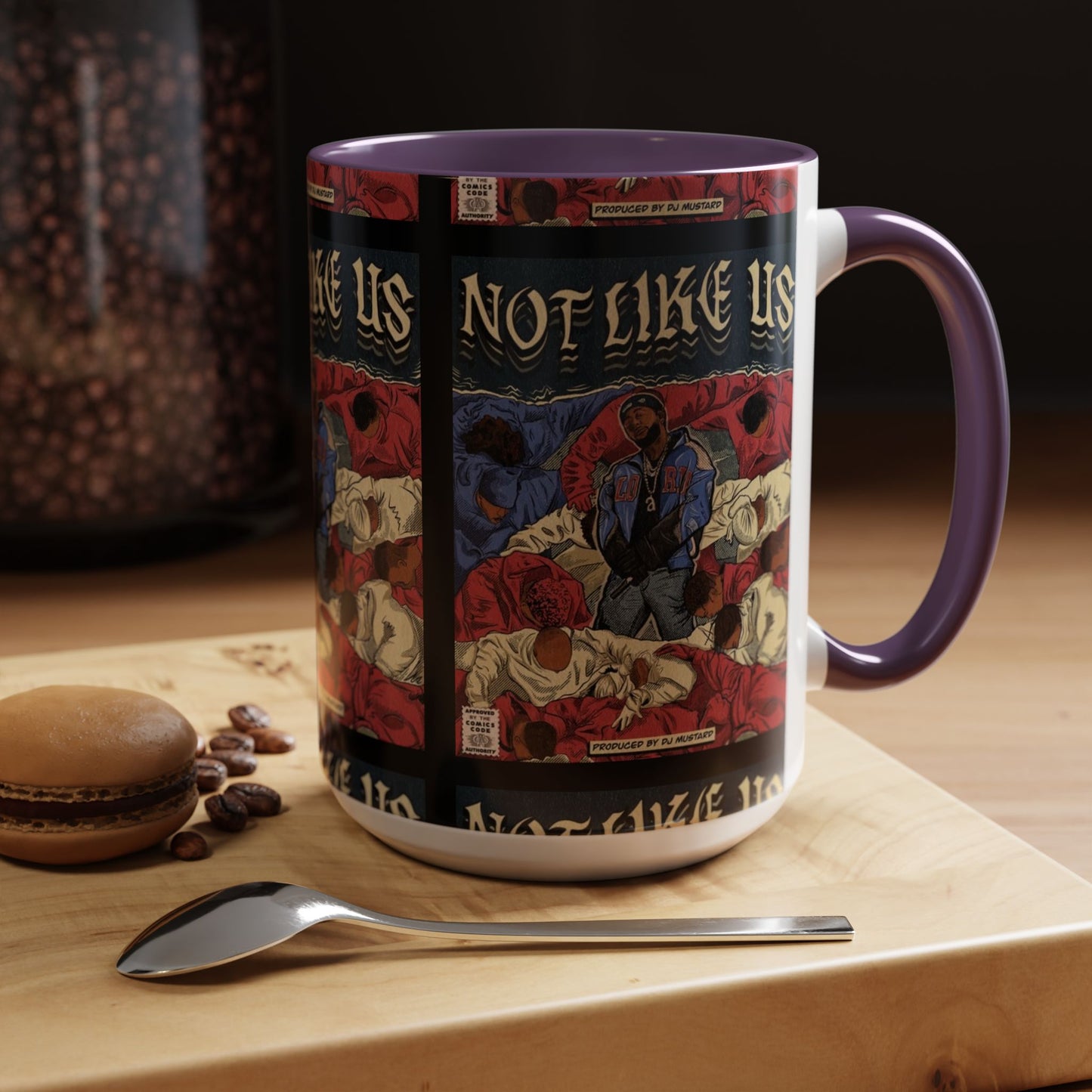 Kendrick Lamar "Not Like Us" Comic Mug – Hip-Hop Coffee Cup, Rap Art Gift, Color Accent Ceramic