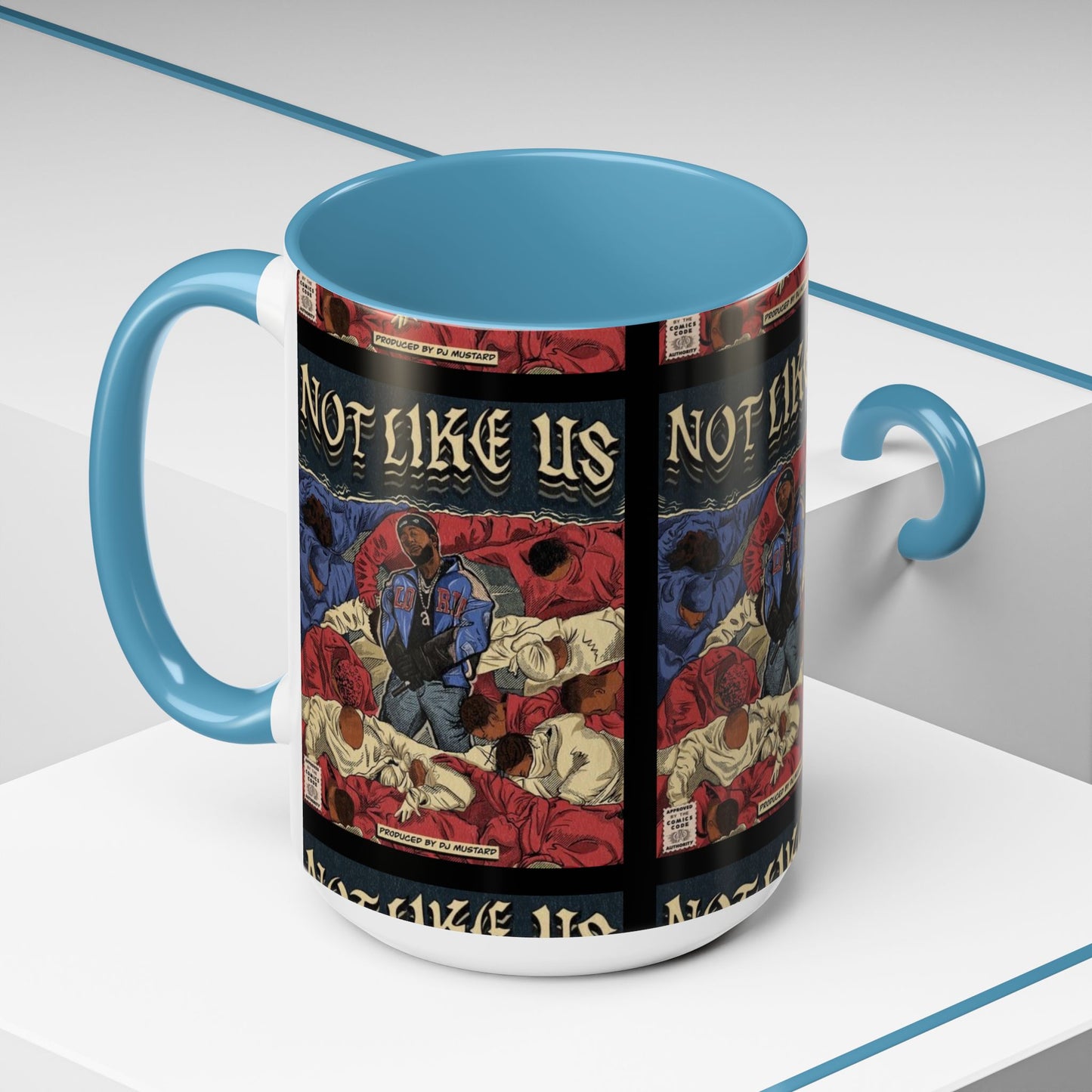 Kendrick Lamar "Not Like Us" Comic Mug – Hip-Hop Coffee Cup, Rap Art Gift, Color Accent Ceramic