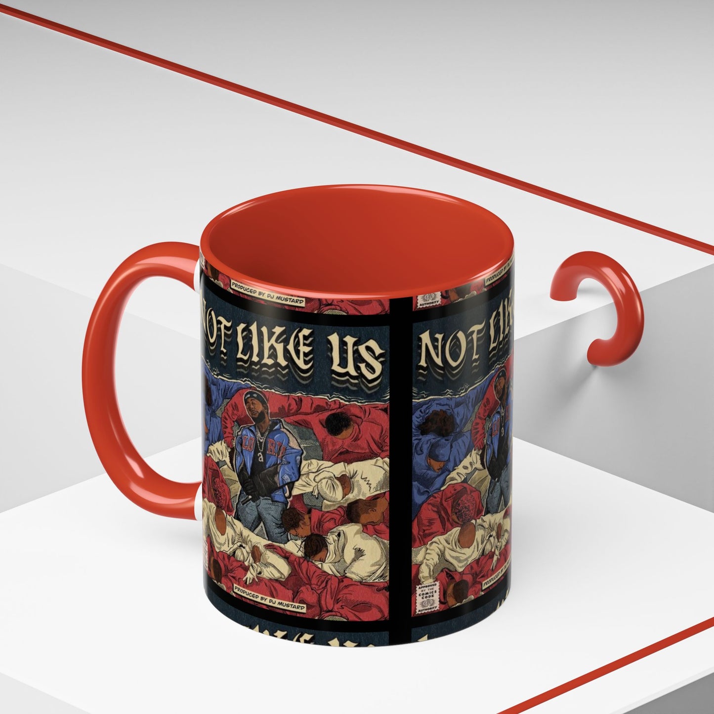 Kendrick Lamar "Not Like Us" Comic Mug – Hip-Hop Coffee Cup, Rap Art Gift, Color Accent Ceramic