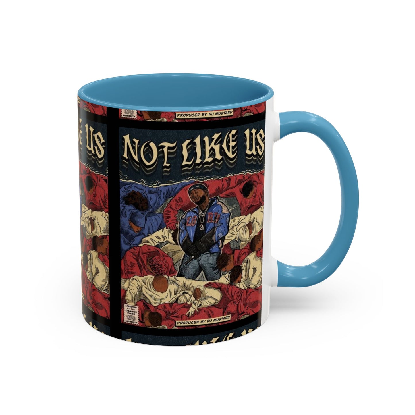 Kendrick Lamar "Not Like Us" Comic Mug – Hip-Hop Coffee Cup, Rap Art Gift, Color Accent Ceramic