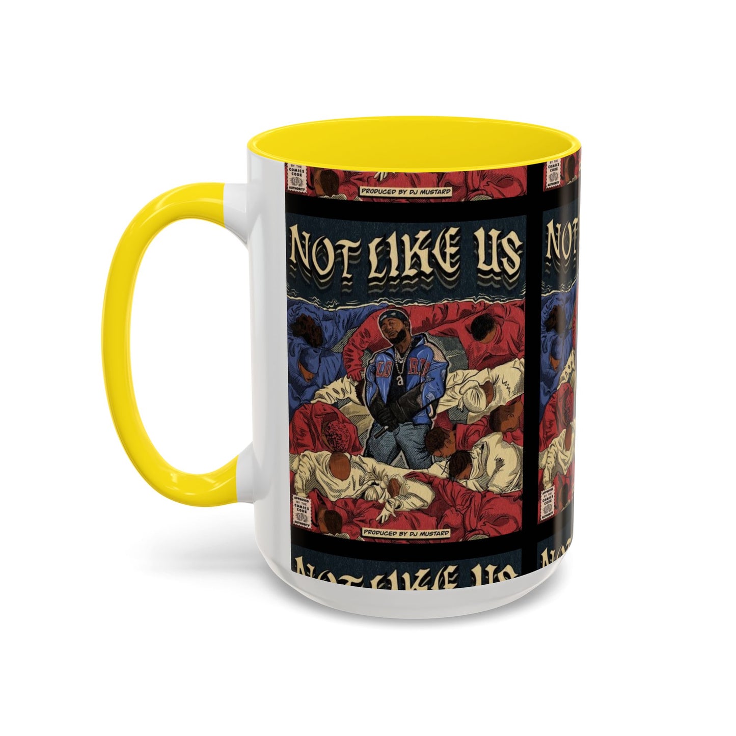 Kendrick Lamar "Not Like Us" Comic Mug – Hip-Hop Coffee Cup, Rap Art Gift, Color Accent Ceramic