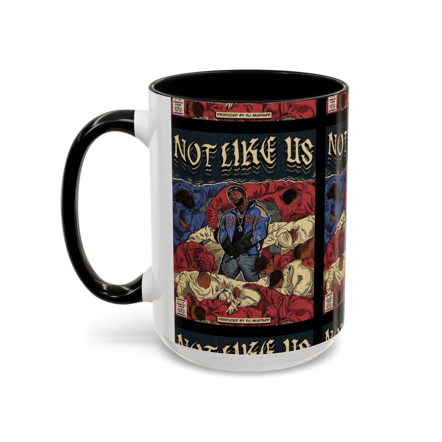 Kendrick Lamar "Not Like Us" Comic Mug – Hip-Hop Coffee Cup, Rap Art Gift, Color Accent Ceramic