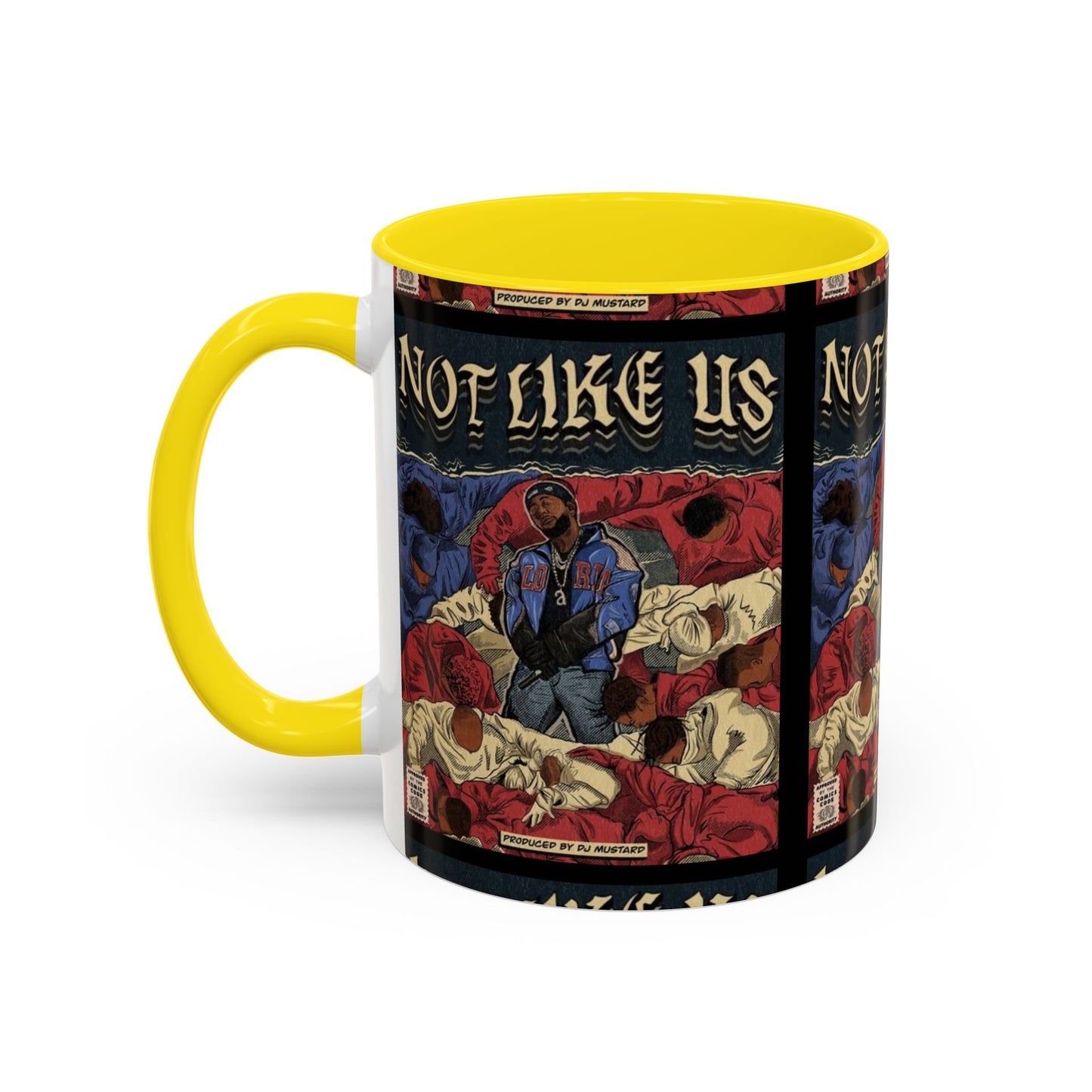 Kendrick Lamar "Not Like Us" Comic Mug – Hip-Hop Coffee Cup, Rap Art Gift, Color Accent Ceramic